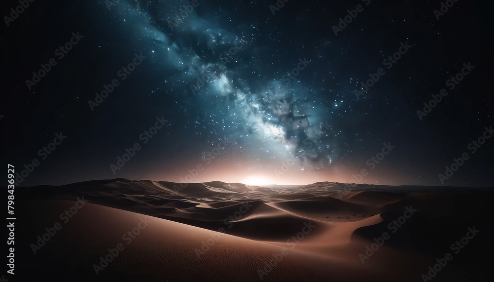 A breathtaking night sky filled with stars and the Milky Way galaxy stretches over peaceful sand dunes in the desert.