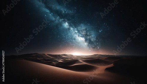 A breathtaking night sky filled with stars and the Milky Way galaxy stretches over peaceful sand dunes in the desert.