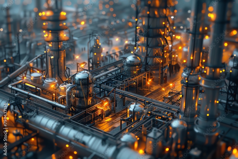Capture a dynamic Tilted angle view of a bustling Chemical Industry, showcasing towering pipelines and machinery in vivid detail using a photorealistic Digital Rendering Technique,