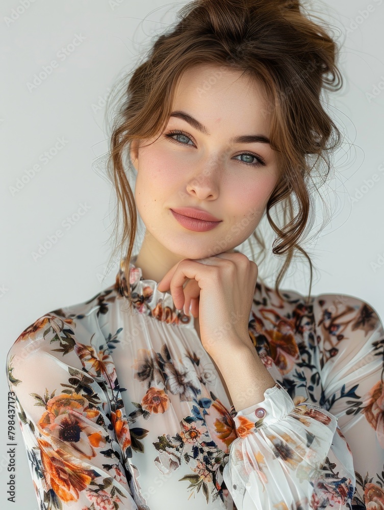 Portrait of a beautiful woman wearing a floral dress Portrait of a beautiful woman wearing a floral dress