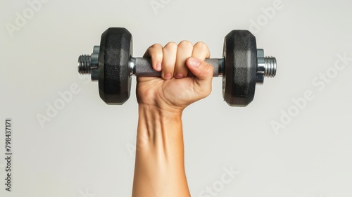photo advertisement for hand holding Dumbbell on white background