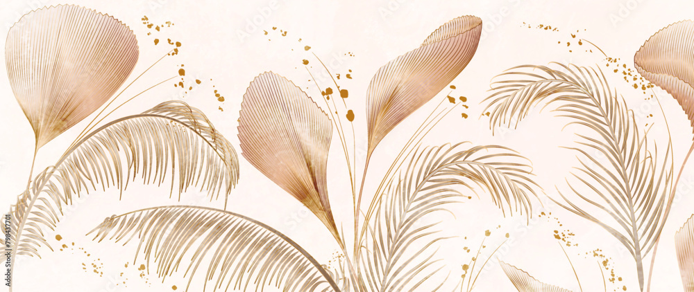 Obraz premium Luxury abstract art background with tropical palm leaves in gold and beige colors with gold line elements. Botanical banner for decoration, print, textile, wallpaper, interior design.