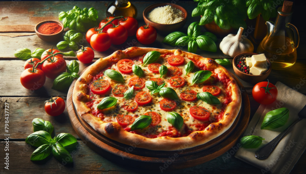 Traditional Margherita pizza topped with sliced tomatoes, mozzarella, and fresh basil leaves on a rustic wooden table.
