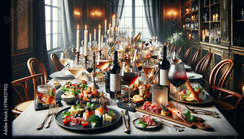 Elegant dinner table setup for a luxurious feast with candles  fine dining  and sophisticated tableware.