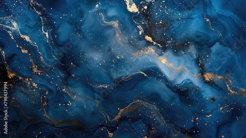 The image is a beautiful blue and gold painting of a wave
