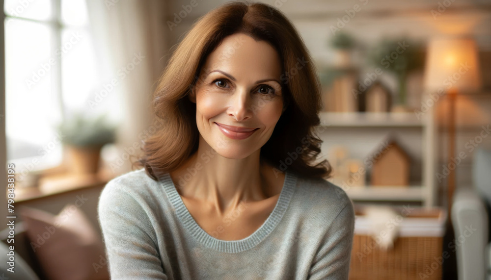 Portrait of a radiant woman with a warm smile, sitting comfortably in a cozy home setting with soft lighting.