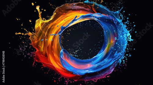 A splash of paint with a blue and red swirl in the center