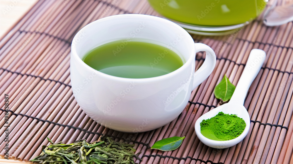 Green tea cup with fresh Camellia sinensis leaves Green tea cup with fresh Camellia sinensis leaves
