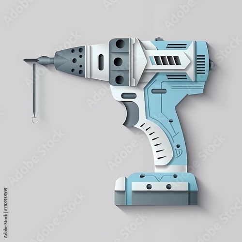 Paper cut Electric drill machine icon isolated on gray background. Repair tool. Paper art style. Vector © munja02