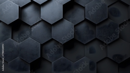 3d render, abstract black background with hexagon pattern in the form of dark grey shapes on a gray wall