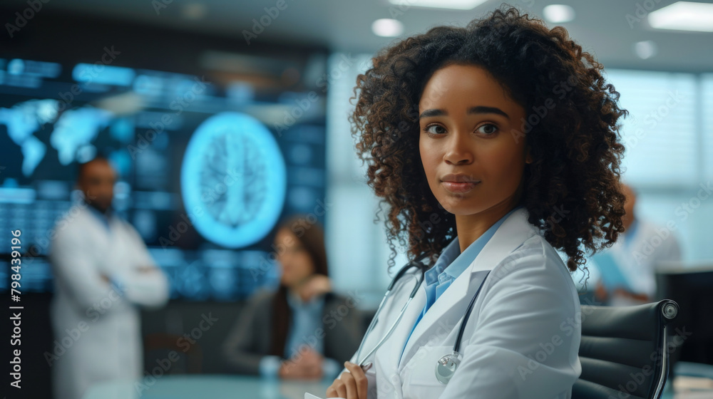 A young, confident female doctor in a lab coat stands in a modern high-tech office with colleagues and digital screens in the background. A young, confident female doctor in a lab coat stands in a modern high-tech office with colleagues and digital screens in the background.