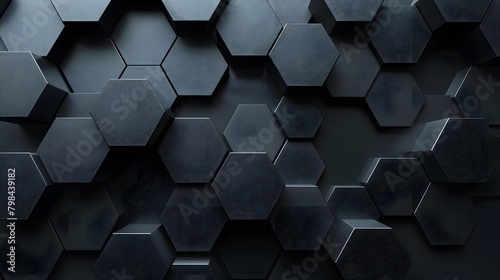 Fototapeta Naklejka Na Ścianę i Meble -  3d render, abstract black background with hexagon pattern in the form of dark grey shapes on a gray wall