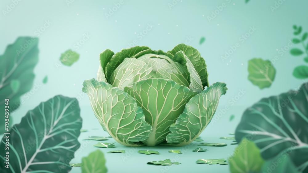 Fototapeta premium Artistic representation of a green cabbage head surrounded by leaves on a teal background, focusing on health.