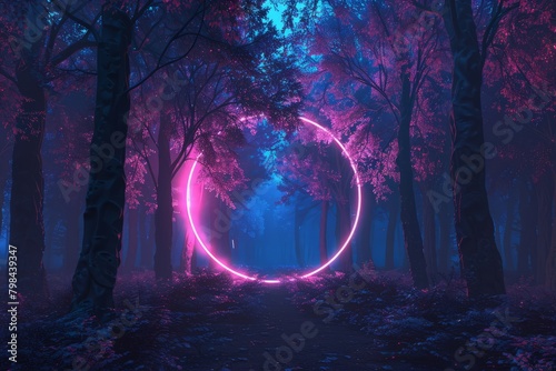 Forest scene with trees and a round portal in neon colors. Concept of the metaverse, paranormal activity or a time machine.