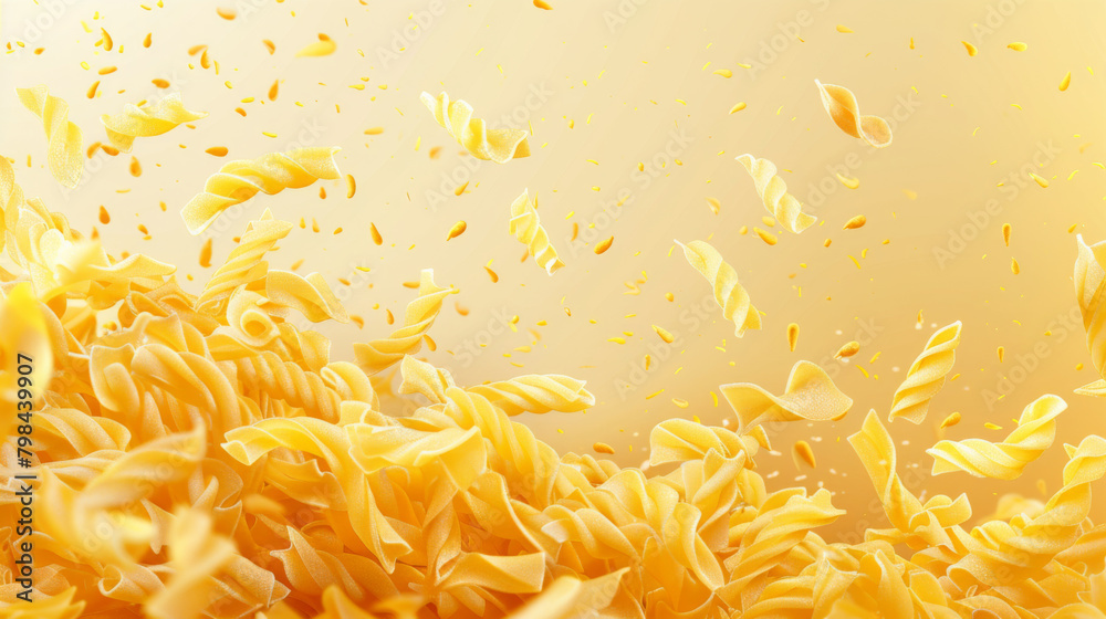 Obraz premium Dynamic image of various pasta shapes seemingly floating on a bright yellow backdrop, giving an impression of movement.