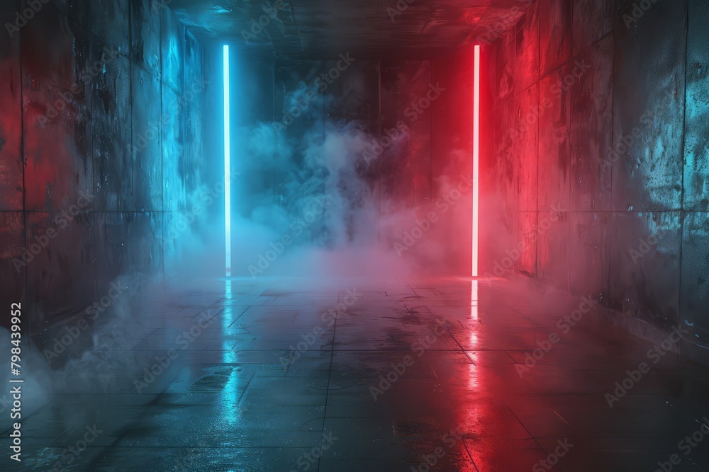 Illustration of 3D rendering. Futuristic Sci-Fi Abstract red and blue neon light figures on the background of walls and reflective concrete with empty space for text. Smoke and smog in neon light