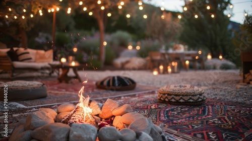 Soft plush rugs laid out around the fire pit for guests to sit and enjoy the warmth. 2d flat cartoon.