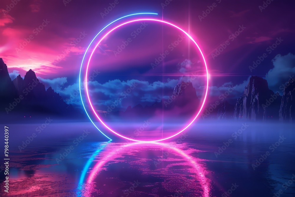 Neon abstract background, laser show in circle and lines in pink and blue spectrum vibrant colors, glowing lines neon lights, virtual reality, round portal.