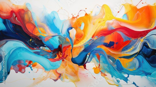 A painting of a colorful wave with blue, yellow, and red splatters
