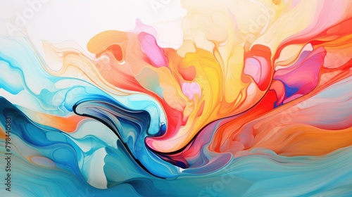 A colorful painting of a wave with a bright orange and blue swirl