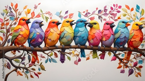 A whimsical scene of brightly colored birds, each one with its own unique pattern and style, perched on a rainbow-colored branch.