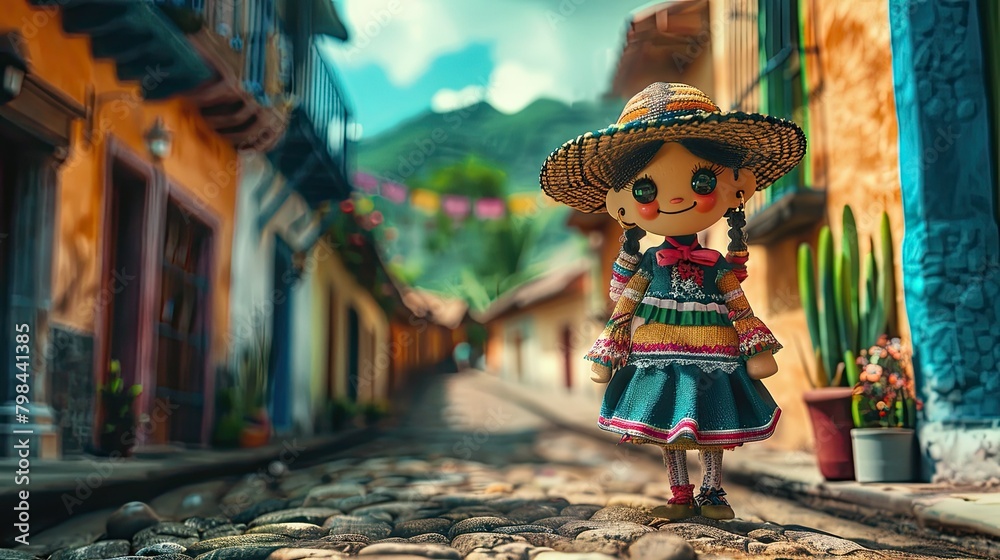 A Mexican rag doll dressed in traditional attire stands amidst the vibrant scenery of a quaint Mexican village