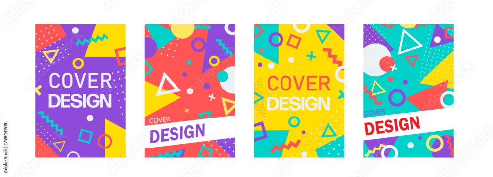 Cover design template with abstract geometric background. Memphis style covers. Poster, banner, brochure colorful templates.