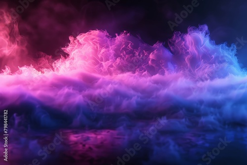 Ultraviolet neon lights cosmic landscape glowing led lighting with smoke 3d abstract black background. Purple and pink colors.