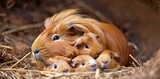 A mother guinea pig nestled with her newborn babies
