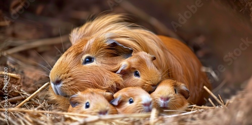 A mother guinea pig nestled with her newborn babies photo