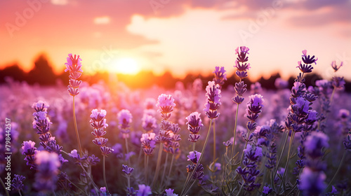 Beautiful lavender meadow under sunset sky