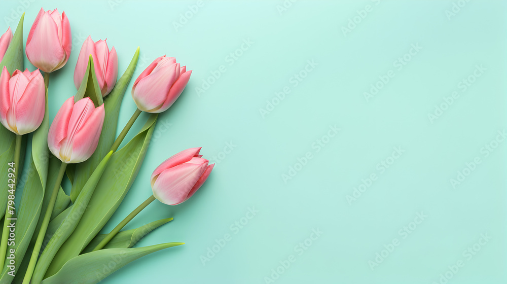 Beautiful tulip flowers on light green background 