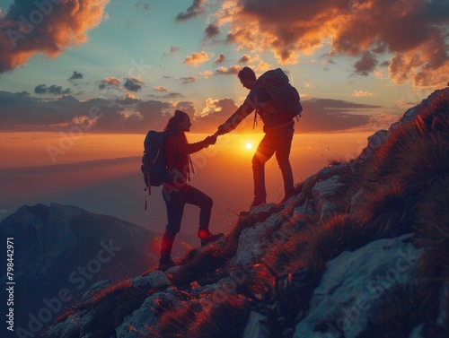 At sunrise  climbers climb the mountain peak  silhouetted