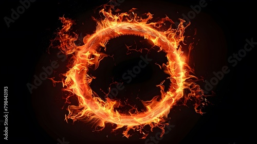 A circular ring of fire on a black background  with smoke swirling around it  creating an intense and dramatic effect. The flames create the shape of a circle. 
