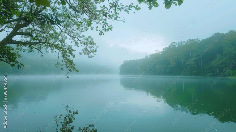 A vast body of water dominates the landscape, encircled by a dense forest of towering trees. The lush greenery reflects off the clear blue water, creating a harmonious blend of natures elements.