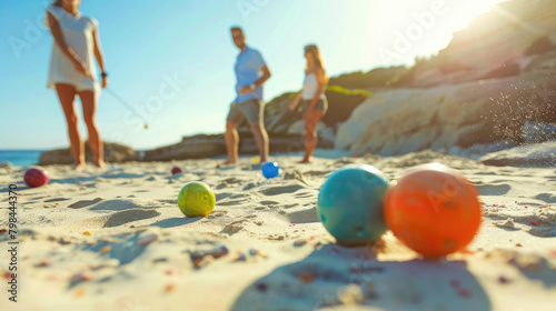 People Playing Boules with Bright Balls on Sandy Shore