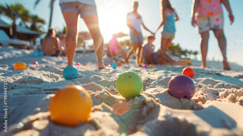 People Playing Boules with Bright Balls on Sandy Shore photo