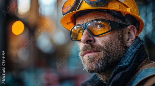 A seasoned industrial worker with reflective safety glasses and hard hat in a manufacturing facility. © khonkangrua