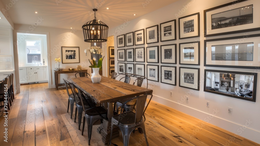 Modern home dining room interior with white walls decorated with photo frames, chairs and dining table, wooden vinyl floor. Interior design decoration. Modern home dining room interior with white walls decorated with photo frames, chairs and dining table, wooden vinyl floor. Interior design decoration.