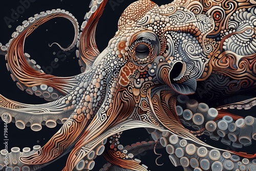 An illustration of a bread crumb sea creature, such as a fish or octopus, with detailed scales or tentacles
