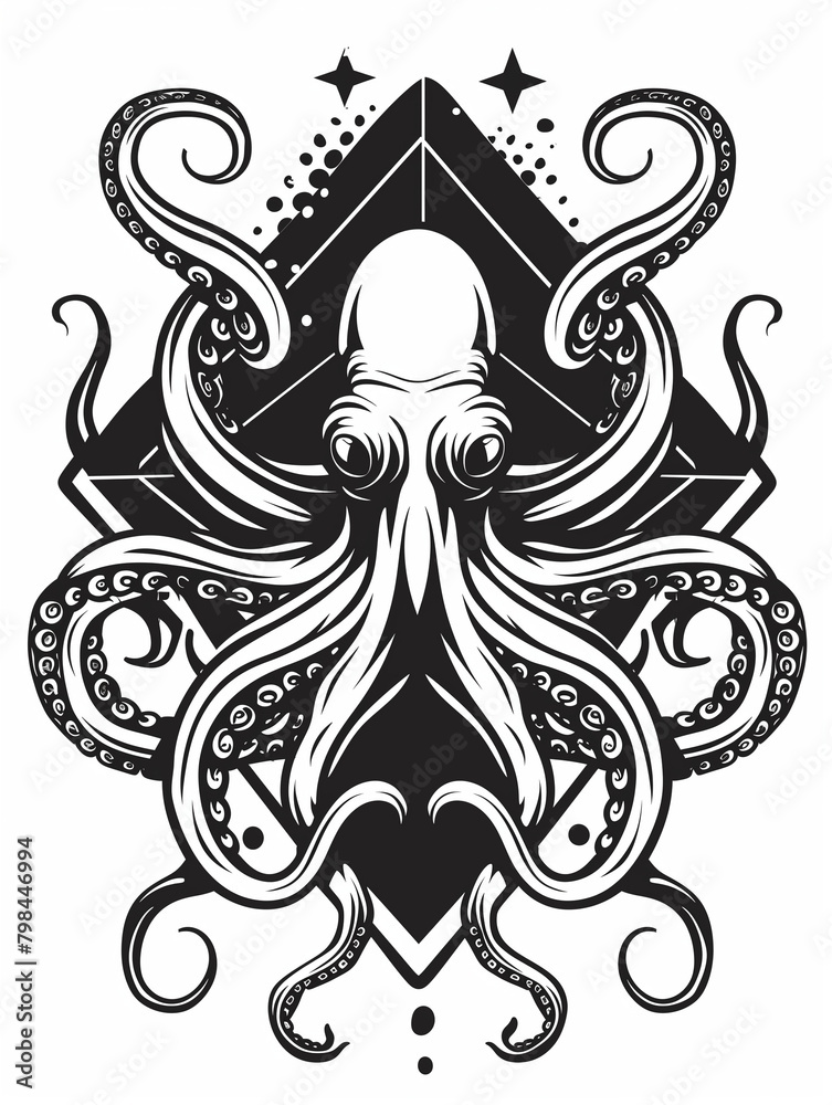 A Black and White Geometric Pattern of an Octopus Head on a White Background A Black and White Geometric Pattern of an Octopus Head on a White Background