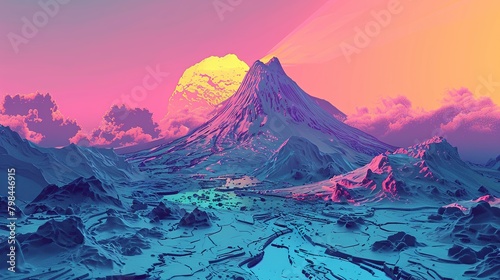 An illustration of a calm, pastel-colored landscape with a single line denoting a volcanic burst photo