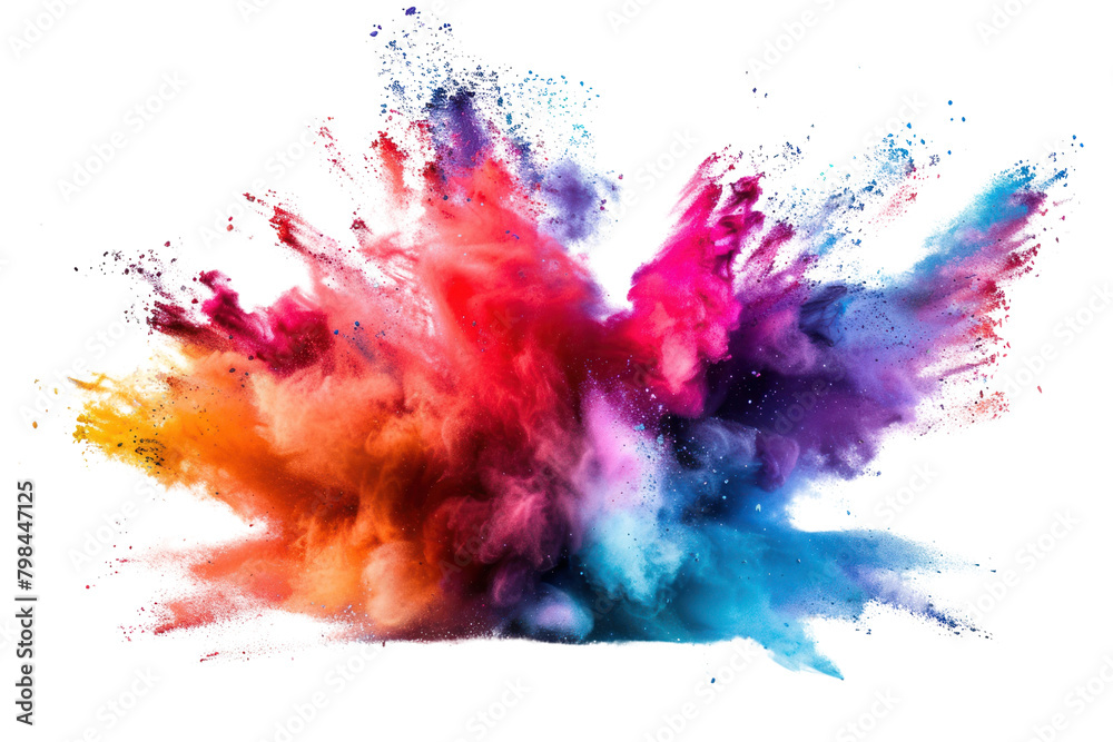 A vibrant cloud of colorful powder, reminiscent of a rainbow, arching across the frame with a spectrum of hues, isolated on a white background for a captivating display.