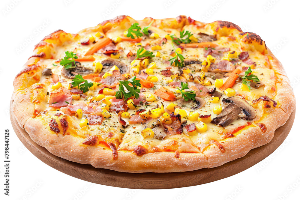Stretched cheese carbonara pizza, topped with bacon, mushrooms, carrots, corn, sprinkled with oregano. isolated on white background.