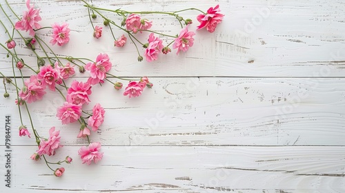 A lovely arrangement of pink flowers set against a crisp white wooden backdrop perfect for Valentine s Day This flat lay image captured from above offers plenty of space for your personaliz