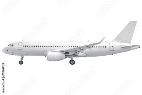 White passenger plane flying in the sky with dramatic clouds in the background, isolated on white background.
