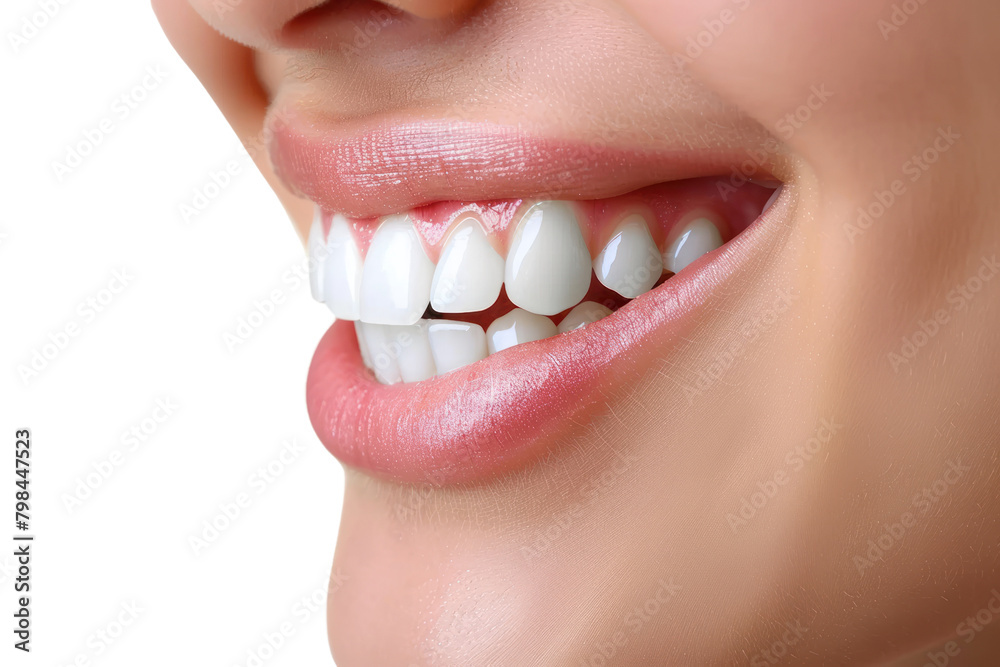 Obraz premium A close-up of a person's mouth revealing their pearly white teeth as they smile, Isolated on white background