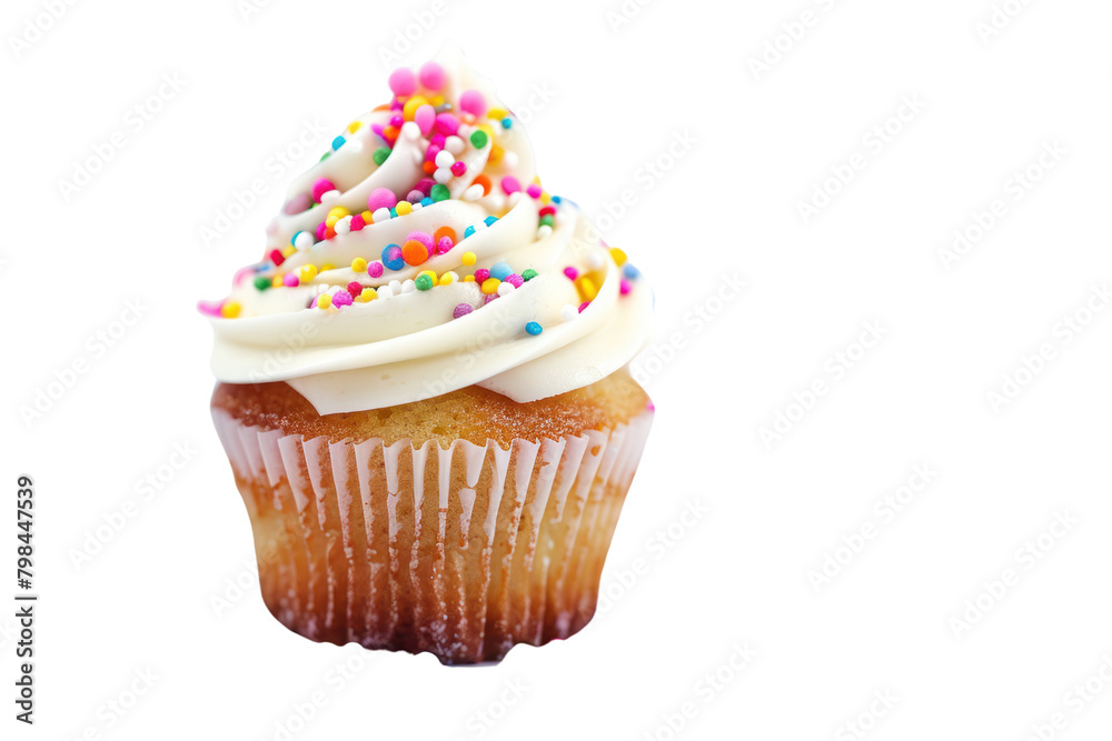 A cupcake surrounded by festive party decorations, such as balloons, streamers, and confetti. Isolated on white background A cupcake surrounded by festive party decorations, such as balloons, streamers, and confetti. Isolated on white background