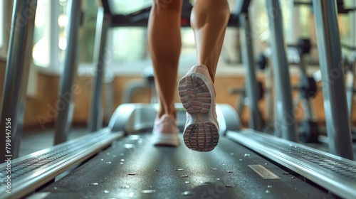 Close up of a woman s legs running on a treadmill at the gym. concept for fitness and a healthy lifestyle