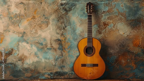 A traditional Mexican guitar against a plain backdrop.